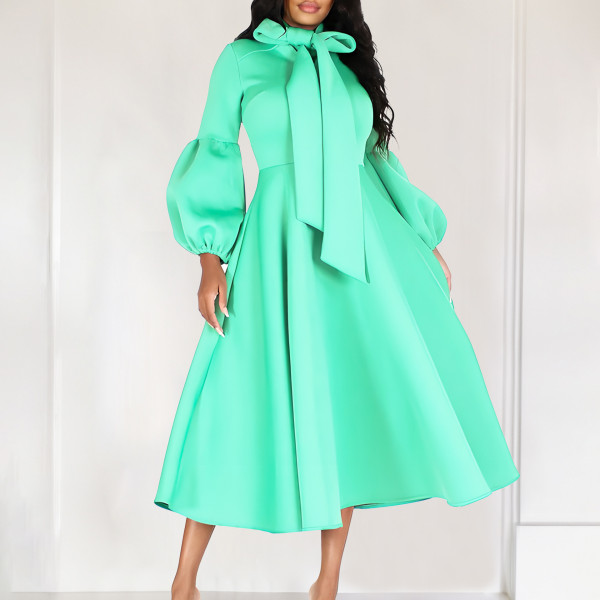 New Style Puff Sleeves Large Swing High Waist Dress