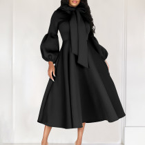 New Style Puff Sleeves Large Swing High Waist Dress