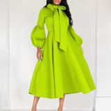 New Style Puff Sleeves Large Swing High Waist Dress