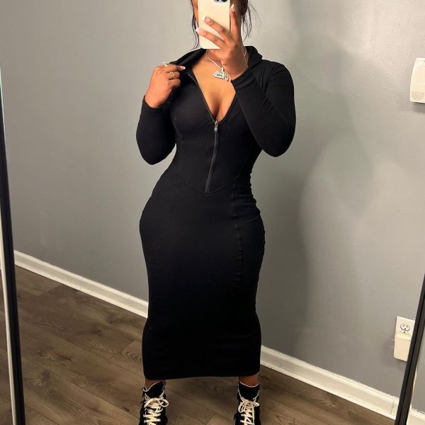 Solid Color Casual Zipper Hooded Patchwork Dress