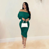 Solid Color Elastic One-line Collar Bag Hip Skirt Two-piece Set