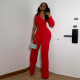 Slim Solid Color Stretch One Shoulder Long Sleeve Wide Leg Two Piece Set