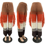 Casual Personalized Knitted Color-blocked Handhook Tassel Loose Straight Pants