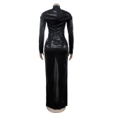 Fashion Women's Solid Color Bronzing Long Sleeve Pleated Dress