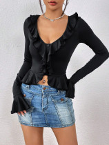 Fashion Slim Fit Ruffled Short Long Sleeve T-shirt