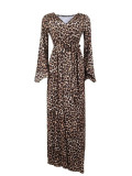 Sexy V-neck Long-sleeved Nightclub Leopard Print Slit Dress