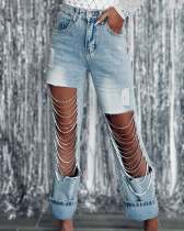 Large Ripped Chain-embellished Straight Jeans