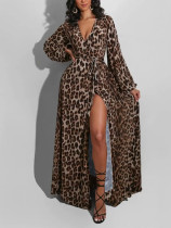 Sexy V-neck Long-sleeved Nightclub Leopard Print Slit Dress
