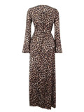 Sexy V-neck Long-sleeved Nightclub Leopard Print Slit Dress