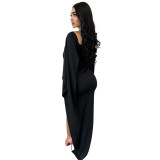 Fashion Women's Solid Color Long Sleeve Slit Pleated Dress