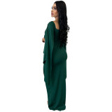 Fashion Women's Solid Color Long Sleeve Slit Pleated Dress