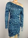 Fashionable Printed Drawstring Sloping Shoulder Slim Dress