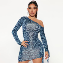 Fashionable Printed Drawstring Sloping Shoulder Slim Dress