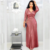 Fashionable Long-sleeved Gilded Pleated Skirt With Belt