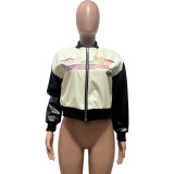 PU Leather Printed Retro Hip-hop Loose Baseball Jacket