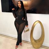 Autumn And Winter See-through Mesh Stitching Hollow Sexy Nightclub Jumpsuit