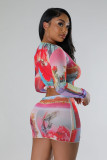 Mesh Printed Navel-baring Smocked Sexy Skirt Two-piece Set