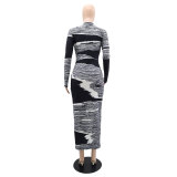 Slim-fitting Printed Elegant Long-sleeved Women's Dress