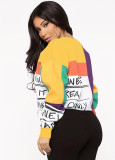 Casual Round Neck Color Block Letter Print Drawstring Sweatshirt