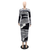 Slim-fitting Printed Elegant Long-sleeved Women's Dress