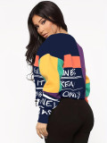 Casual Round Neck Color Block Letter Print Drawstring Sweatshirt