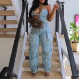 Sexy Tube Top Single Breasted Multi-pocket Work Jumpsuit