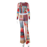 New Autumn And Winter Fashionable Printed Bell Bottoms Two-piece Set