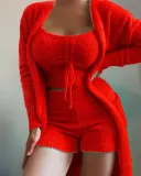 Casual Plush Lace-up Three-piece Pajamas Set