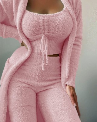 Casual Plush Lace-up Three-piece Pajamas Set