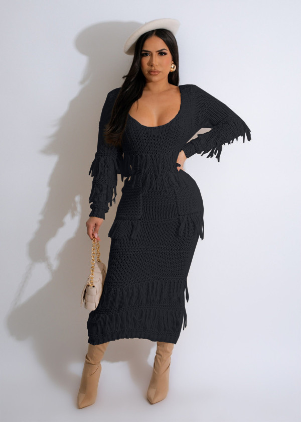 Sexy Knitted Handhook Tassel Dress
