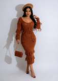 Sexy Knitted Handhook Tassel Dress