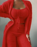 Casual Plush Lace-up Three-piece Pajamas Set