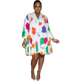 Fashionable Painted Printed V-neck Long-sleeved Dress