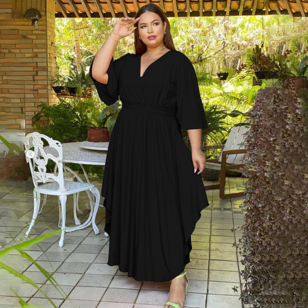 Solid Color Casual Bell Sleeve V-neck Waist Dress