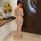 Solid Color Mesh See-through Perm Diamond Long-sleeved Dress