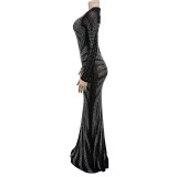 Solid Color Mesh See-through Perm Diamond Long-sleeved Dress
