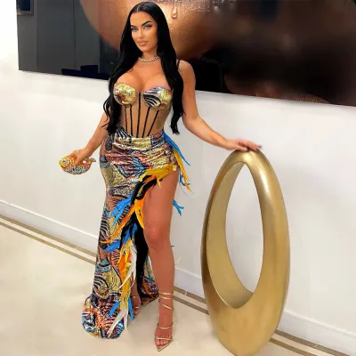 Sexy Suspender Velvet Sequined High Slit Feather Dress