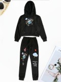 Autumn And Winter Velvet Printed Hooded Sweatshirt And Pants Two-piece Set
