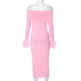 Solid Color Off-shoulder Fur Sleeve Slim Dress With One-line Neckline