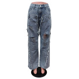 Ripped Casual Denim Straight Trousers