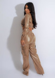 PU Leather Chest-wrapped Autumn And Winter Leather Pants Zipper Sexy Two-piece Set