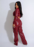 PU Leather Chest-wrapped Autumn And Winter Leather Pants Zipper Sexy Two-piece Set