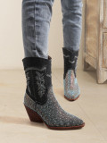 Rhinestone Pointed Toe Mid-calf Chunky Heel Cowboy Boots