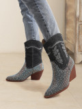 Rhinestone Pointed Toe Mid-calf Chunky Heel Cowboy Boots