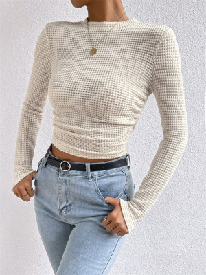 Solid Waffle Knit Pleated Side T-shirt