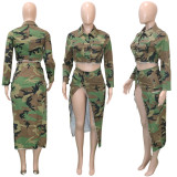 Casual Camouflage Printed Lapel Long Sleeve Slit Skirt Suit