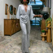 Fashion Sequin Sexy Deep V Backless Jumpsuit