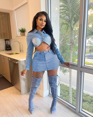 Stretch Denim Top And Skirt Two-piece Set