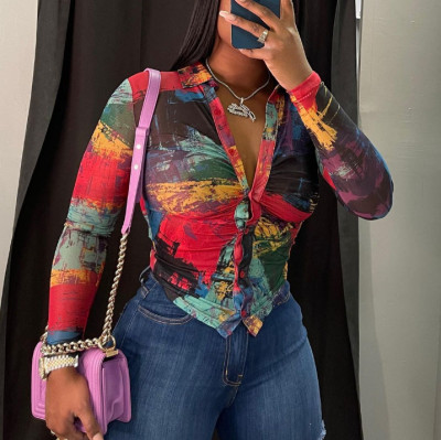 Fashionable and Sexy Colorful Long Sleeve Button Deep V Hot Girl Top
