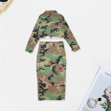 Casual Camouflage Printed Lapel Long Sleeve Slit Skirt Suit